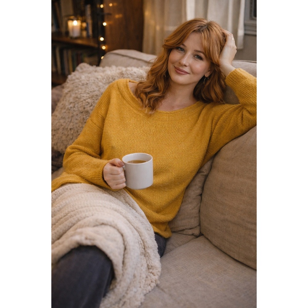Soft Chunky Cozy Yellow‎ Knit Oversized Long Sleeve Boatneck Pullover L Sweater